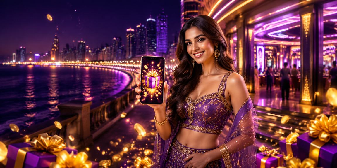 Night view of Mumbai Marine Drive with casino app theme